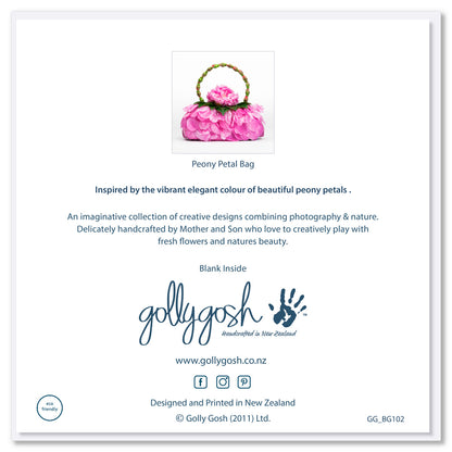 Back of a peony petal bag greeting card from Golly Gosh Creations. This card radiates elegance with it's vibrant pink petals.