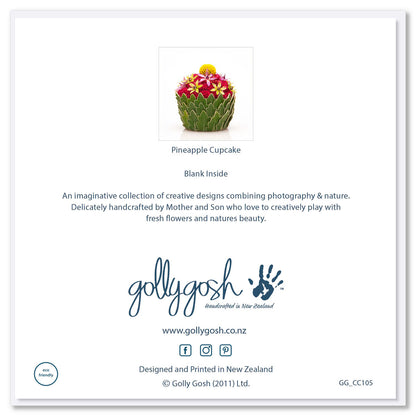 Back cover of a pineapple cup cake greeting card from Golly Gosh Creations. A generous square card crafted from dainty pineapple flowers and green leaves.