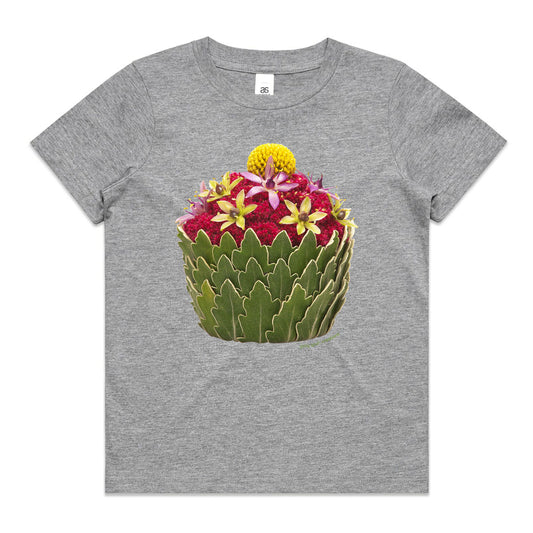 A pineapple cupcake grey kids tee shirt by Golly Gosh Creations. Size 2 - 16 years. Created from dainty pineapple flowers and pretty leaves. Quality cotton.