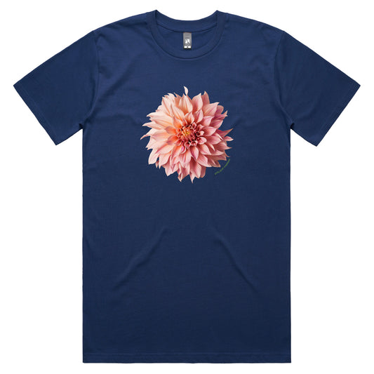 A dark blue men's tee shirt from Golly Gosh Creations. Featuring a stunning pink dahlia flower. Sizes S - 5XL. Quality cotton.