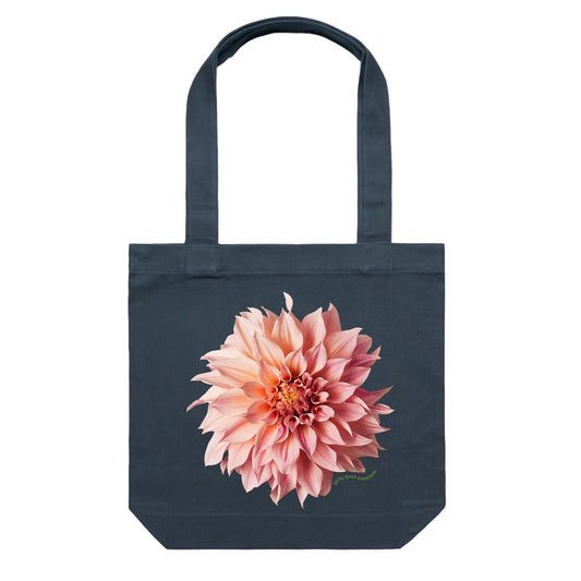 A quality cotton canvas tote bag from Golly Gosh Creations. Featuring a stunning pink dahlia flower. Colour dark blue.