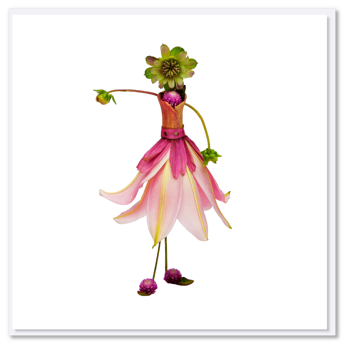 A pink lily ballerina greeting card from Golly Gosh Creations. Size 142 x 142 mm. A charming card embellished with delicate lily petals, blooms and buds.