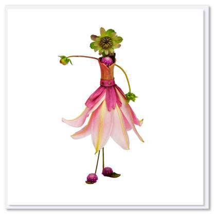 A pink lily ballerina greeting card from Golly Gosh Creations. Size 142 x 142 mm. A charming card embellished with delicate lily petals, blooms and buds.