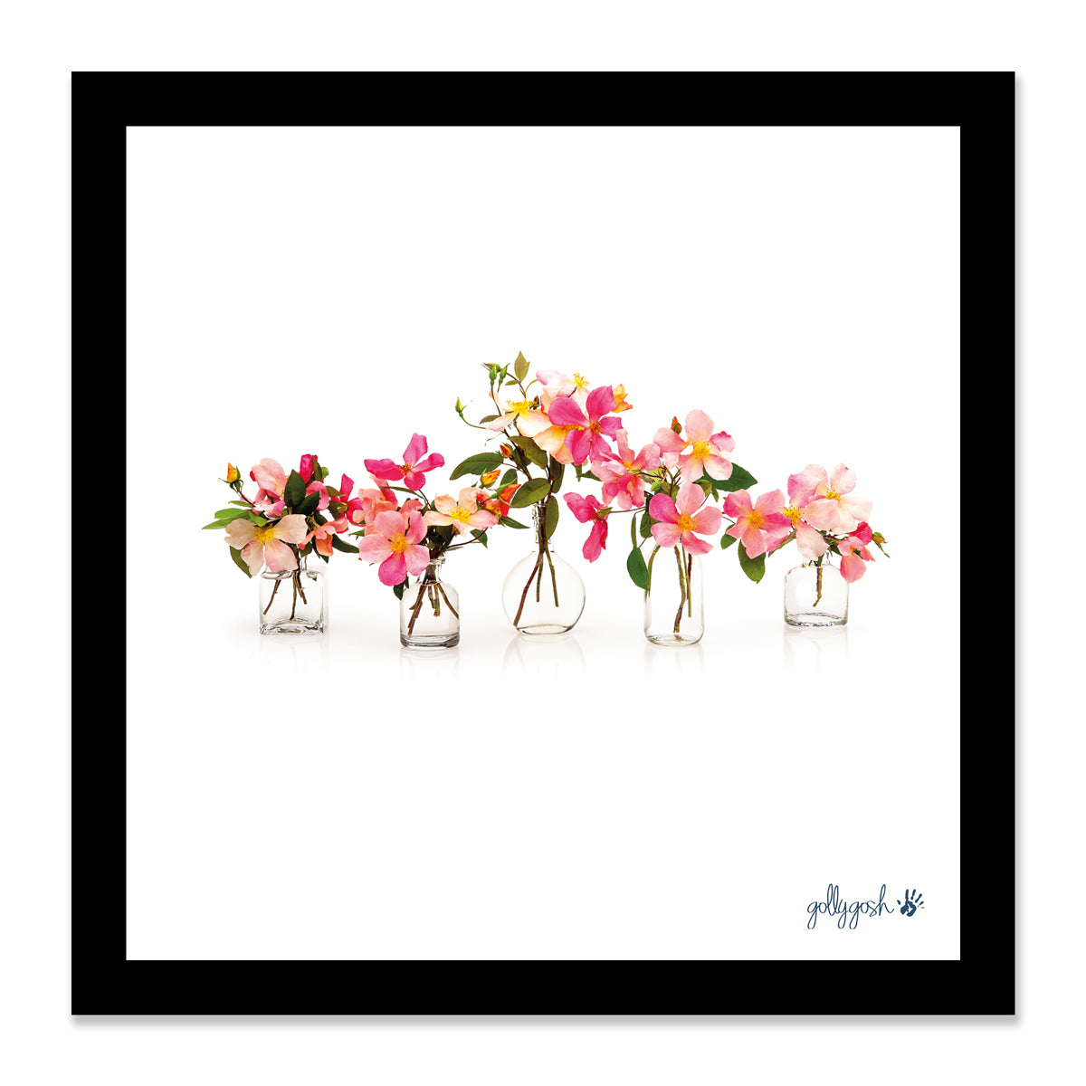 Mock up of a framed pink rose vases fine art print from Golly Gosh Creations. Available in three sizes ready for framing. 