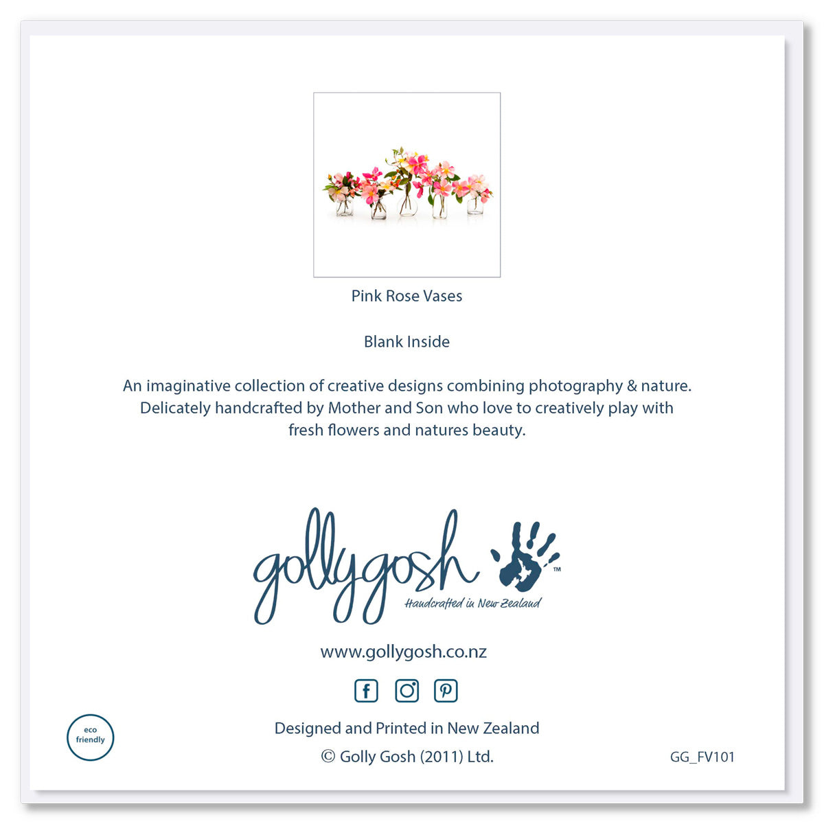 Back cover of a pink rose vases greeting card found at Golly Gosh Creations. A generous square card with pretty arrangement of dainty pink roses in vases.