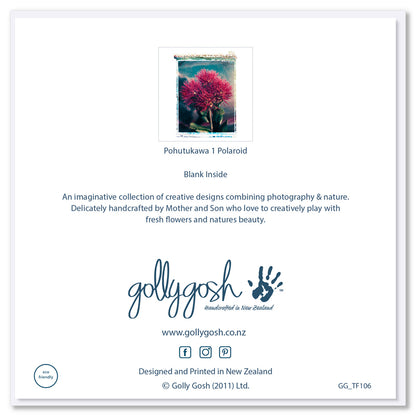 Back of Golly Gosh Pohutukawa Polaroid greeting card displaying product image with artistic transfer edges, blank inside note, description of handcrafted Mother and Son collection, branding, website and social details, and eco-friendly certification.