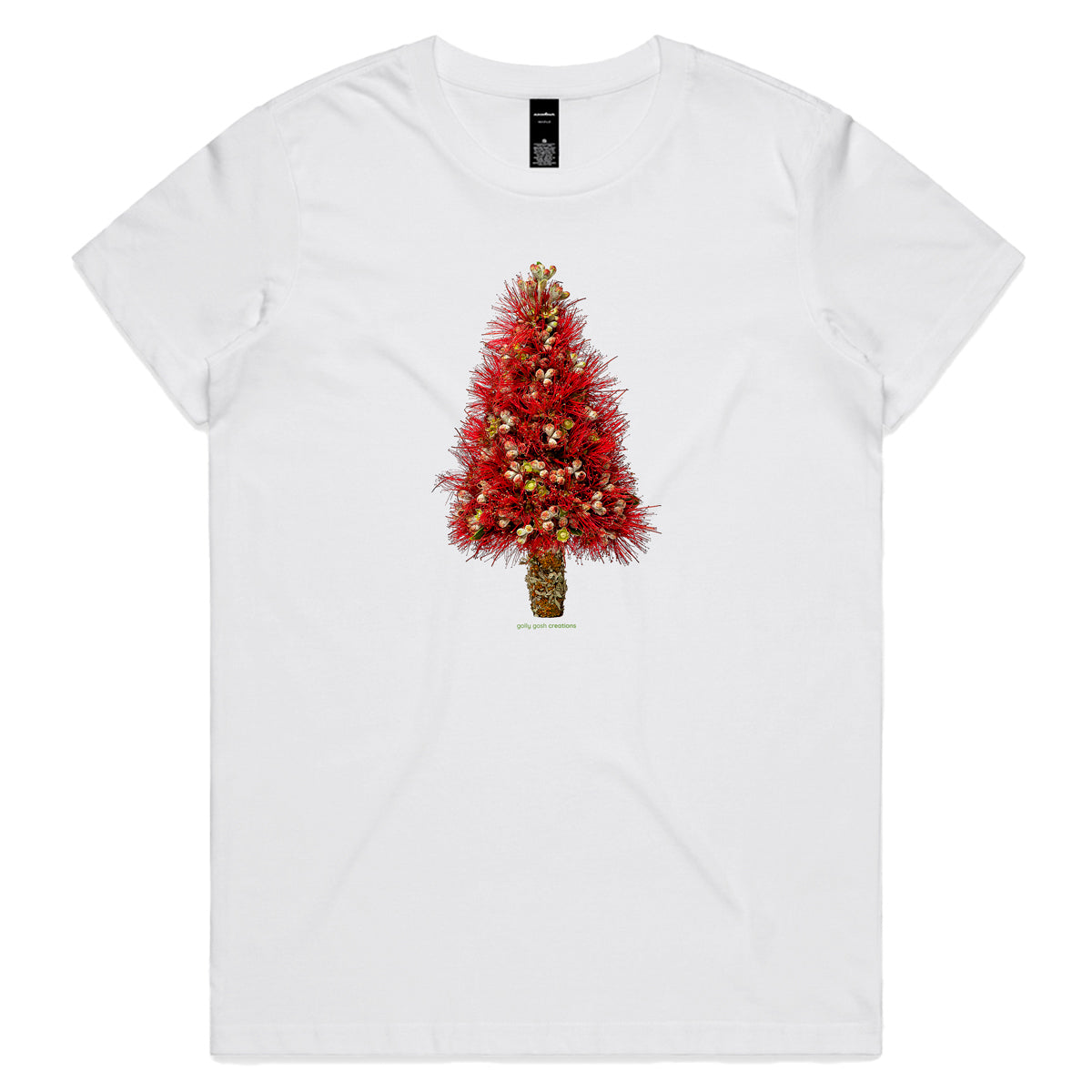A Christmas pohutukawa tree white woman's tee shirt from Golly Gosh Creations. Sizes XS - 2XL. Created from the iconic NZ tree. Quality cotton.
