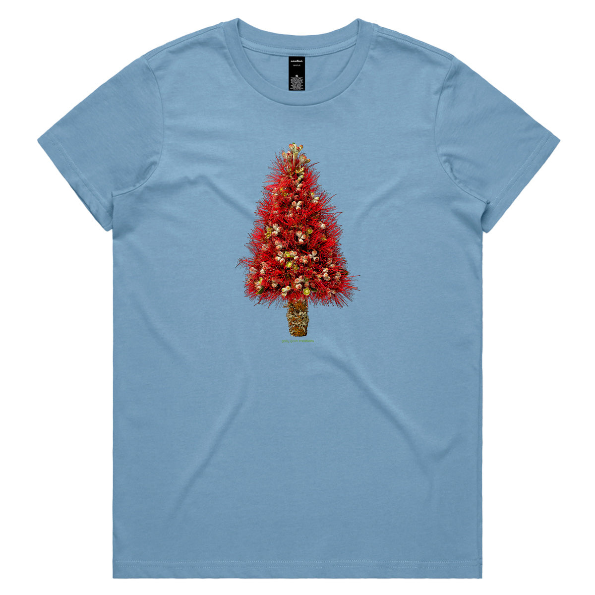 A Christmas pohutukawa tree soft blue woman's tee shirt from Golly Gosh Creations. Sizes XS - 2XL. Created from the iconic NZ tree. Quality cotton.