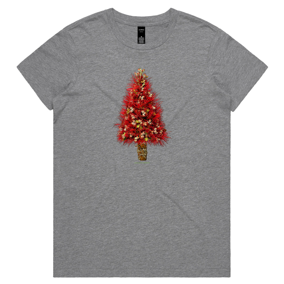 A Christmas pohutukawa tree grey woman's tee shirt from Golly Gosh Creations. Sizes XS - 2XL. Created from the iconic NZ tree. Quality cotton.