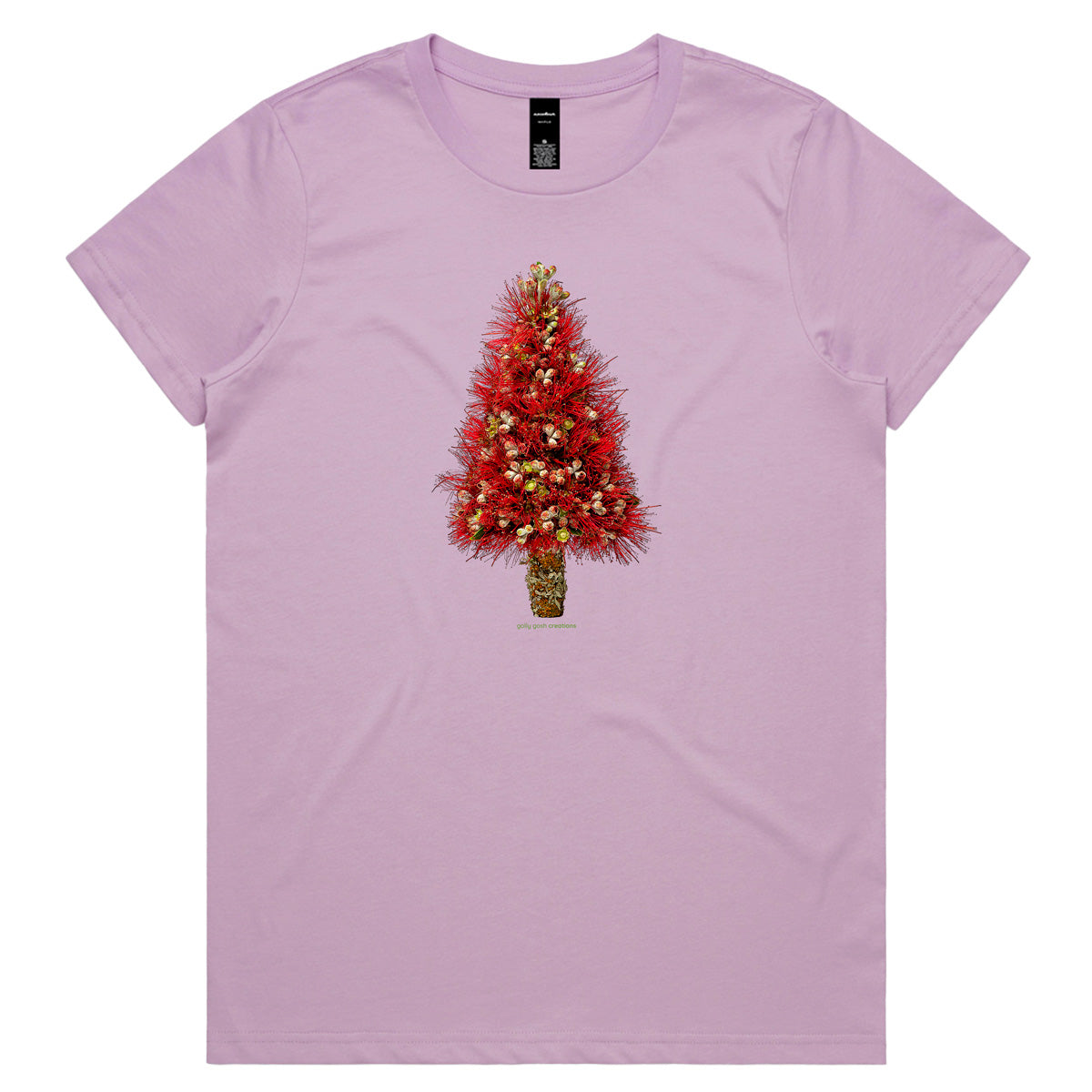 A Christmas pohutukawa tree lavender woman's tee shirt from Golly Gosh Creations. Sizes XS - 2XL. Created from the iconic NZ tree. Quality cotton.