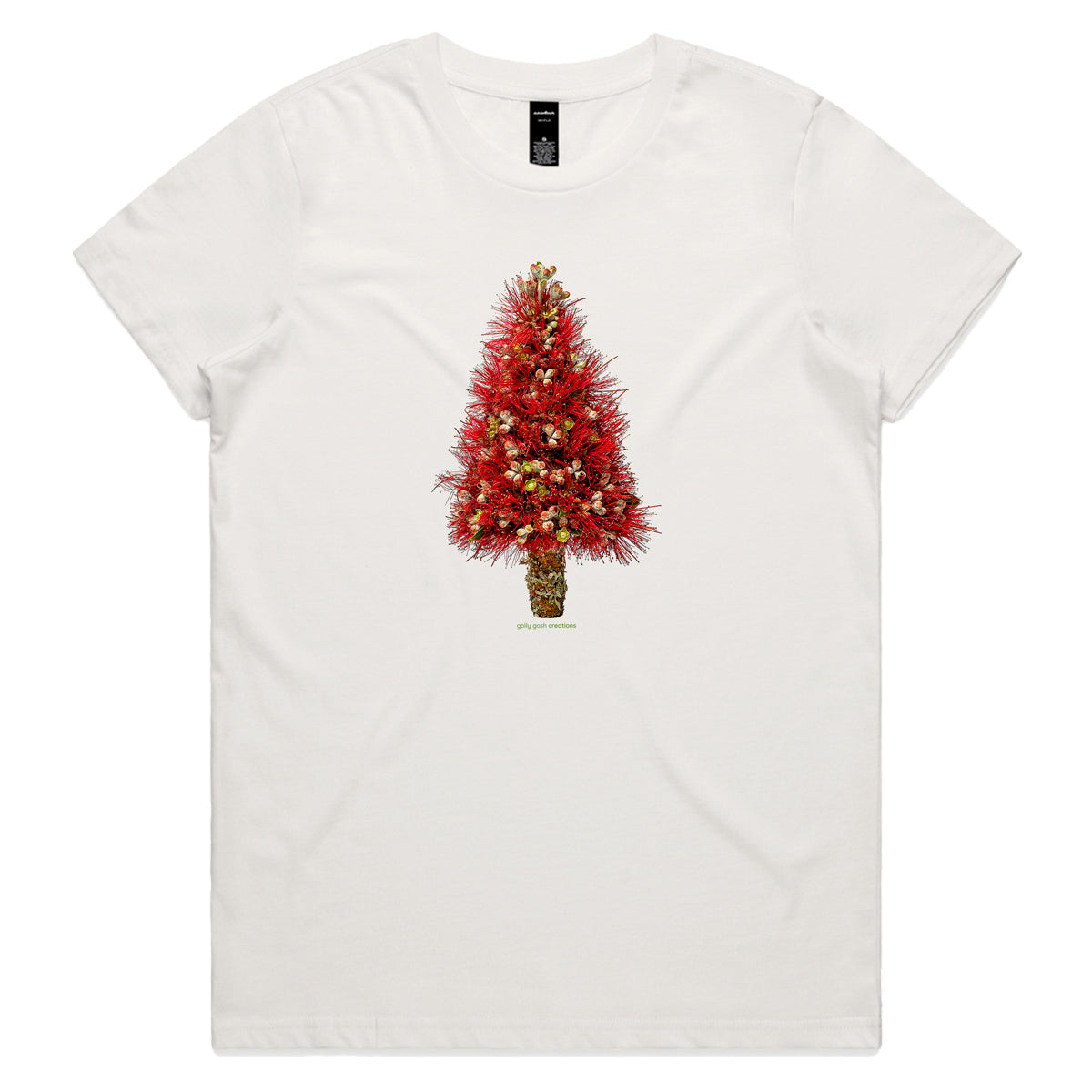 A Christmas pohutukawa tree natural woman's tee shirt from Golly Gosh Creations. Sizes XS - 2XL. Created from the iconic NZ tree. Quality cotton.