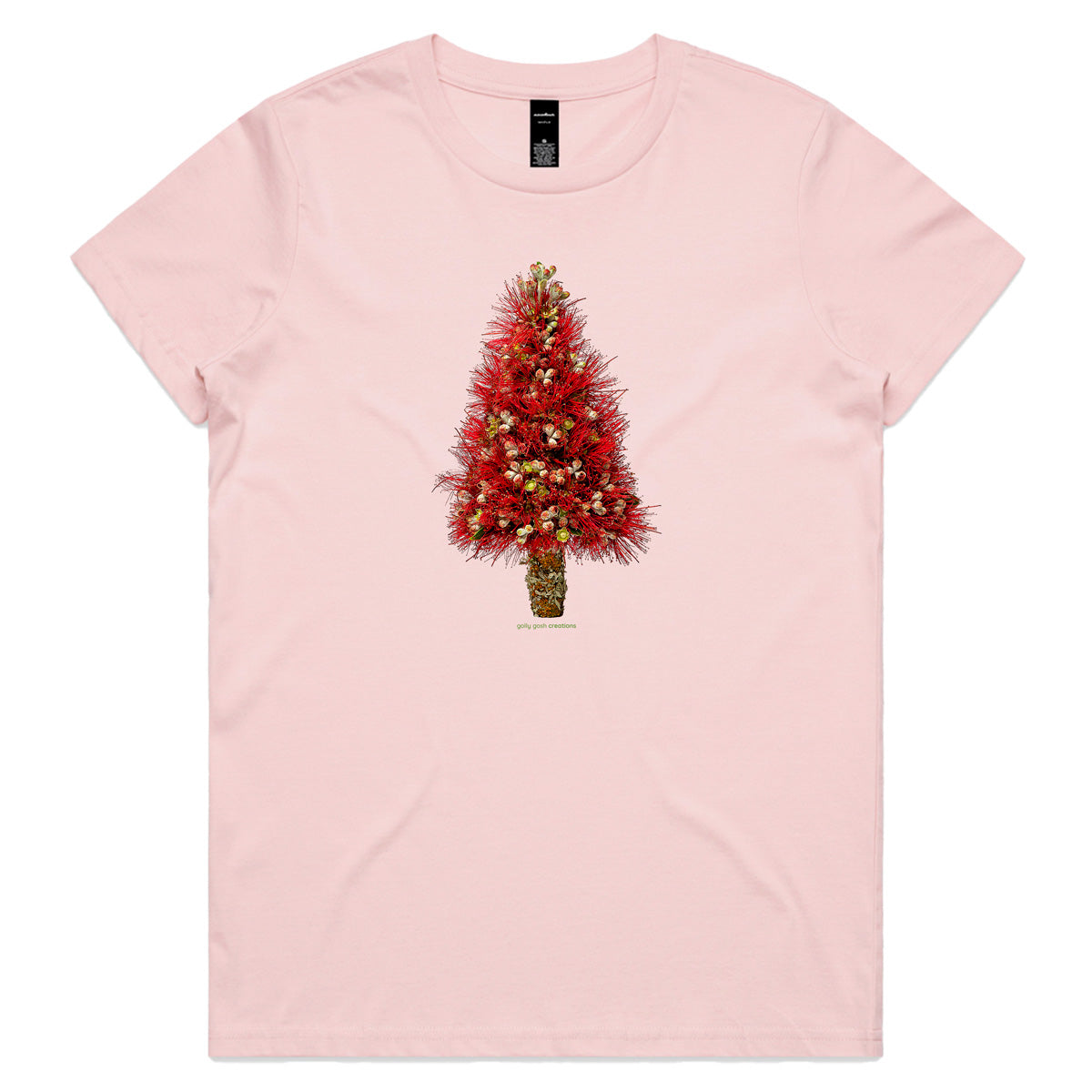 A Christmas pohutukawa tree soft pink woman's tee shirt from Golly Gosh Creations. Sizes XS - 2XL. Created from the iconic NZ tree. Quality cotton.