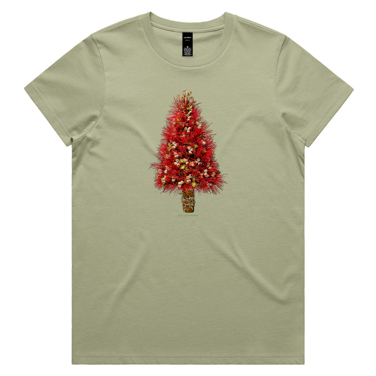 A Christmas pohutukawa tree pistachio woman's tee shirt from Golly Gosh Creations. Sizes XS - 2XL. Created from the iconic NZ tree. Quality cotton.