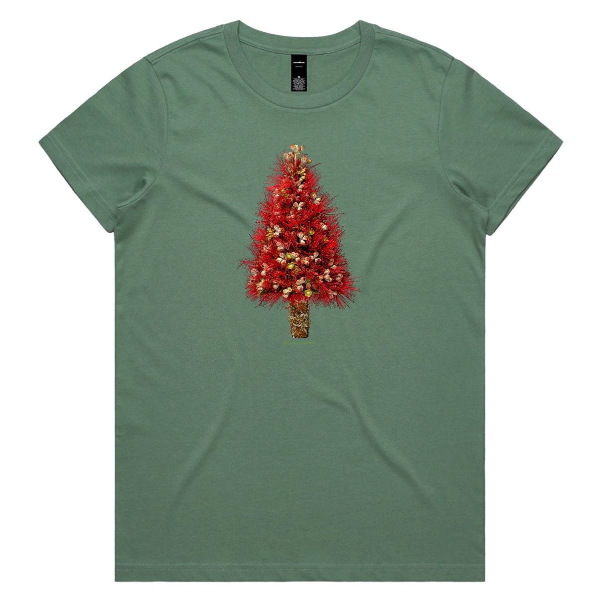 A Christmas pohutukawa tree sage woman's tee shirt from Golly Gosh Creations. Sizes XS - 2XL. Created from the iconic NZ tree. Quality cotton.