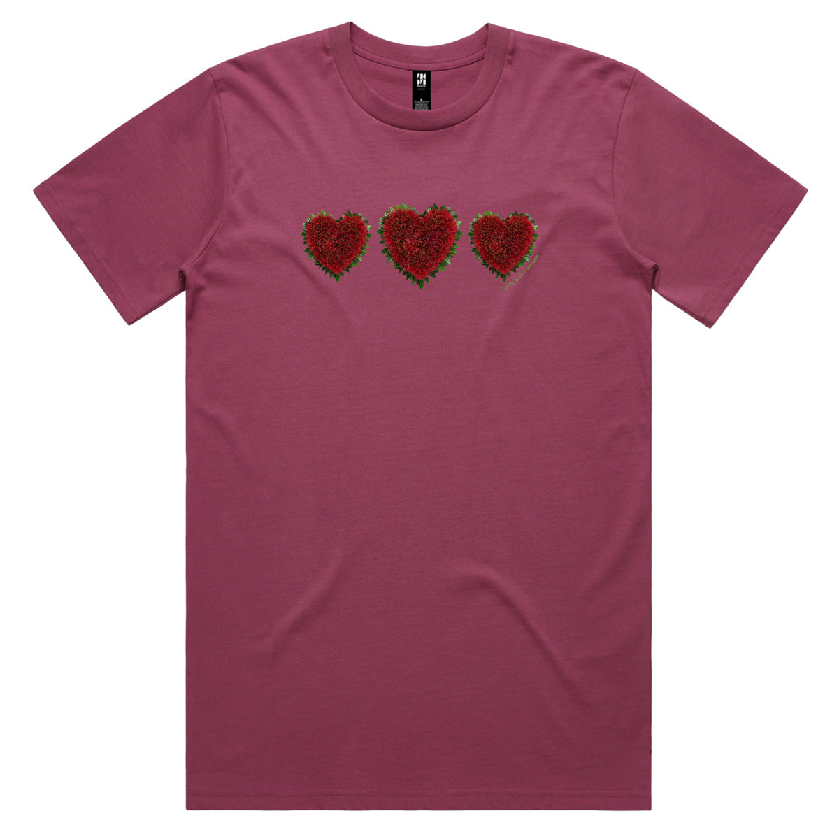 A pohutukawa hearts men's tee shirt from Golly Gosh Creations. Crafted from the iconic NZ tree. Sizes S - 5XL. A quality cotton berry coloured tee shirt.