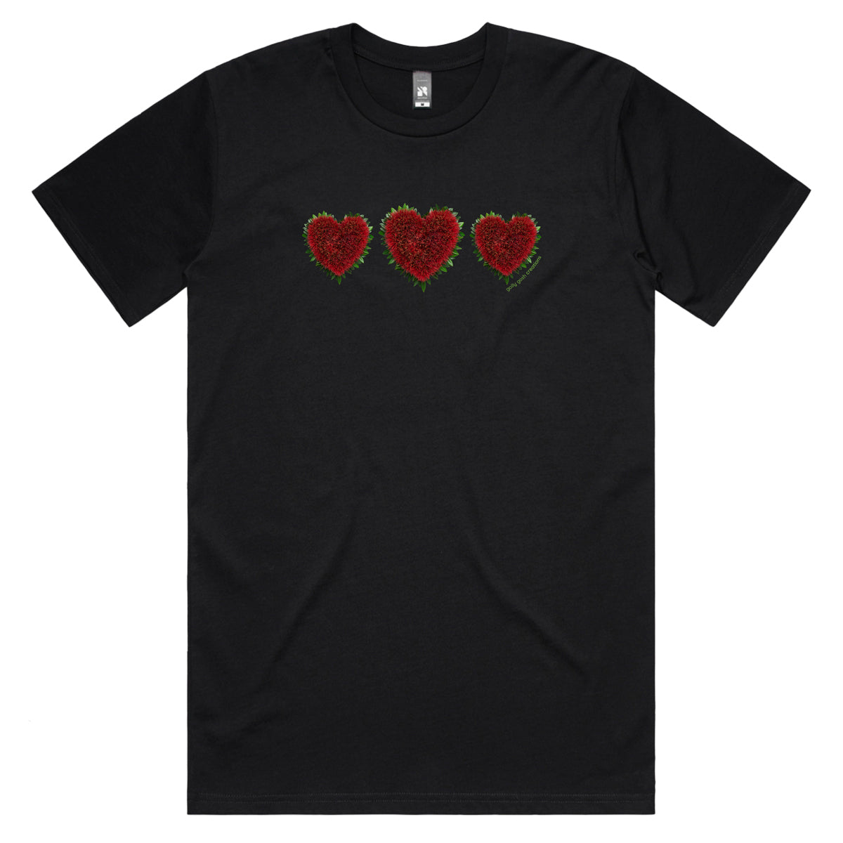 A pohutukawa hearts men's tee shirt from Golly Gosh Creations. Crafted from the iconic NZ tree. Sizes S - 5XL. A quality cotton black tee shirt.