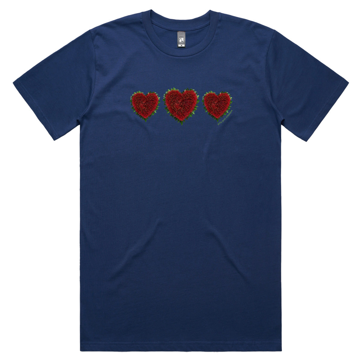 A pohutukawa hearts men's tee shirt from Golly Gosh Creations. Crafted from the iconic NZ tree. Sizes S - 5XL. A quality cotton dark blue tee shirt.