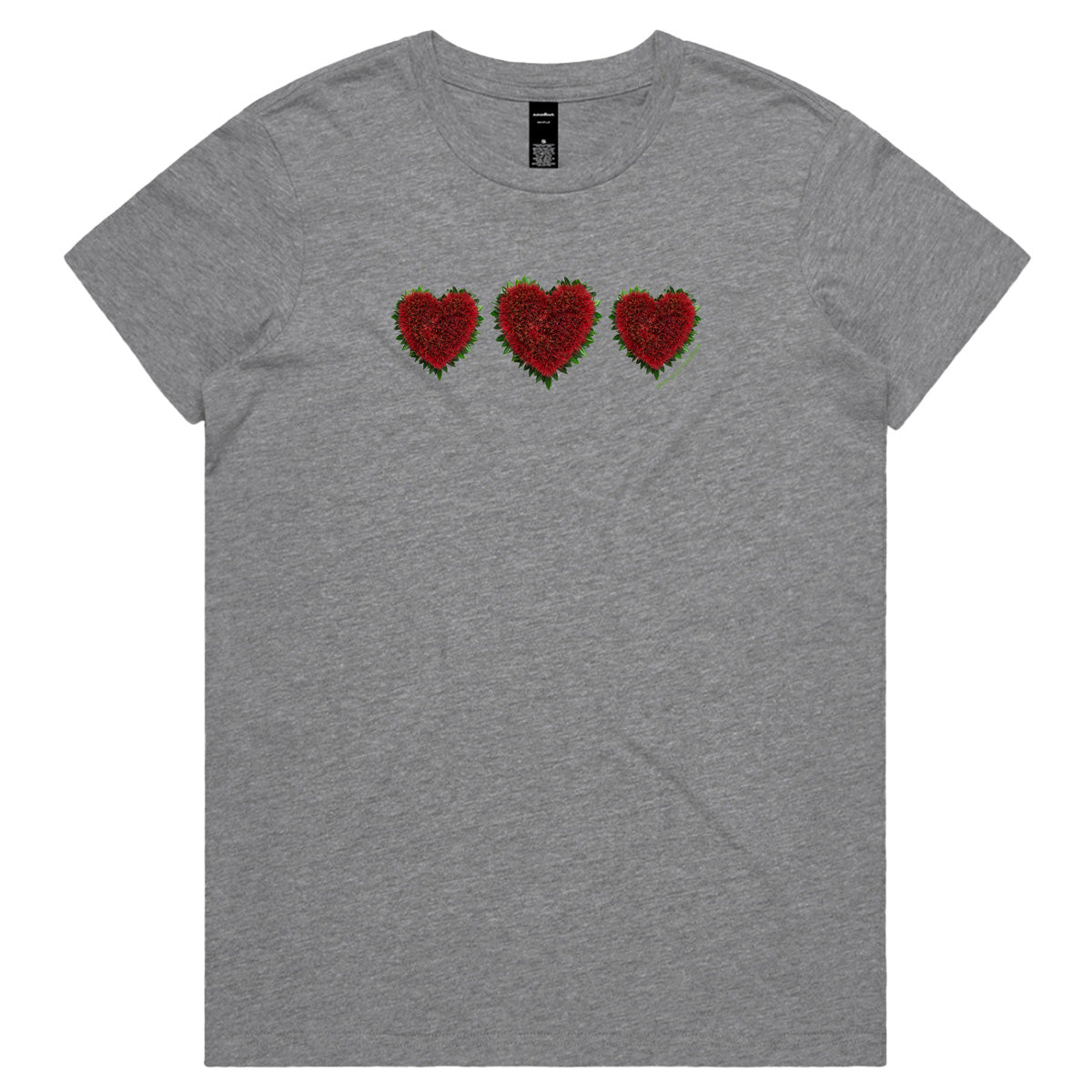 A pohutukawa hearts grey woman's tee shirt from Golly Gosh Creations. Crafted from the iconic NZ flowering tree. Sizes XS - 2XL. Quality cotton.
