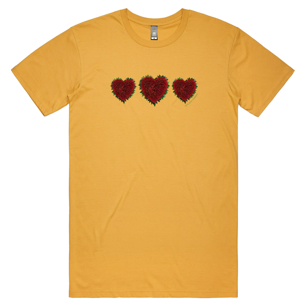 A pohutukawa hearts men's tee shirt from Golly Gosh Creations. Crafted from the iconic NZ tree. Sizes S - 5XL. A quality cotton mustard coloured tee shirt.