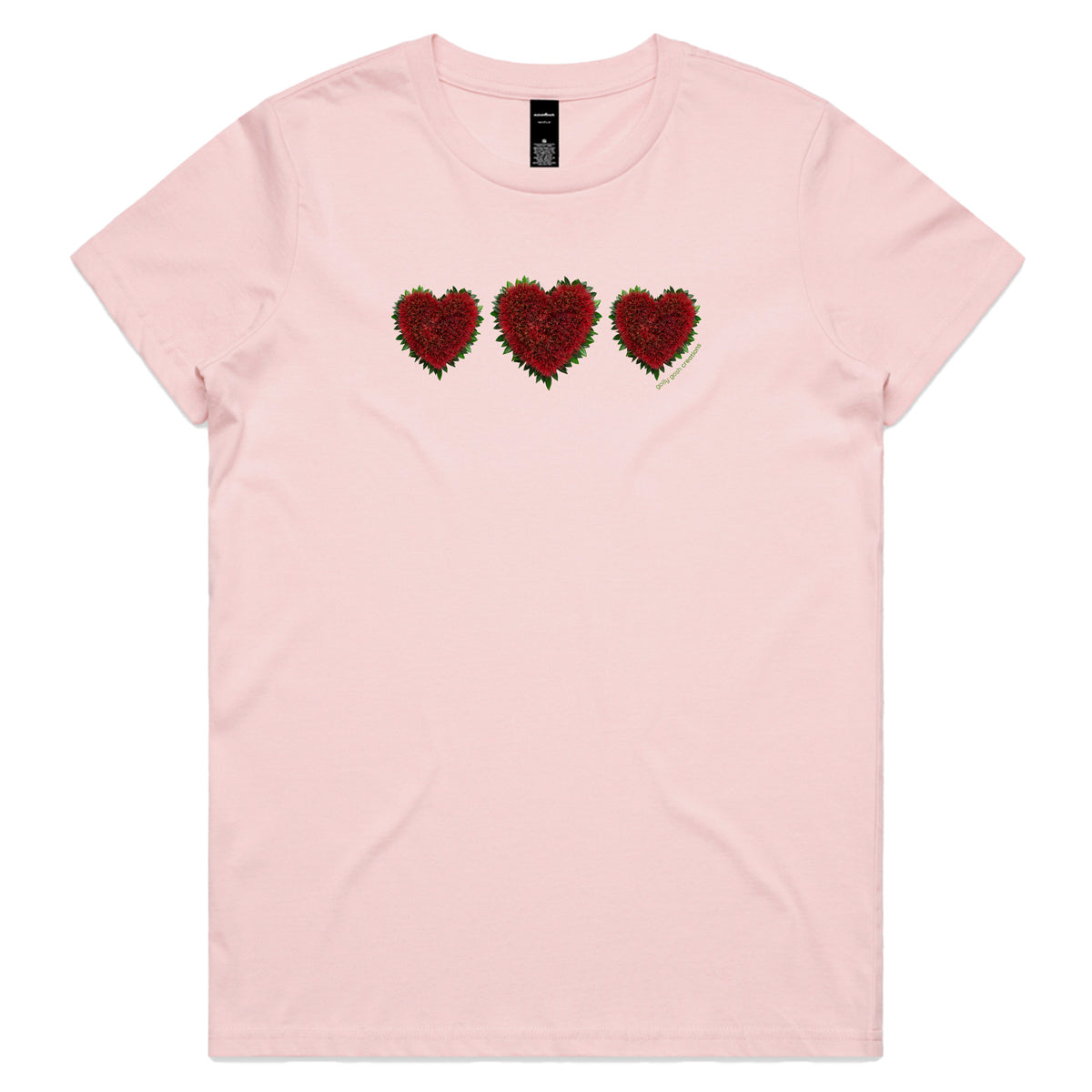 A pohutukawa hearts soft pink woman's tee shirt from Golly Gosh Creations. Crafted from the iconic NZ flowering tree. Sizes XS - 2XL. Quality cotton.
