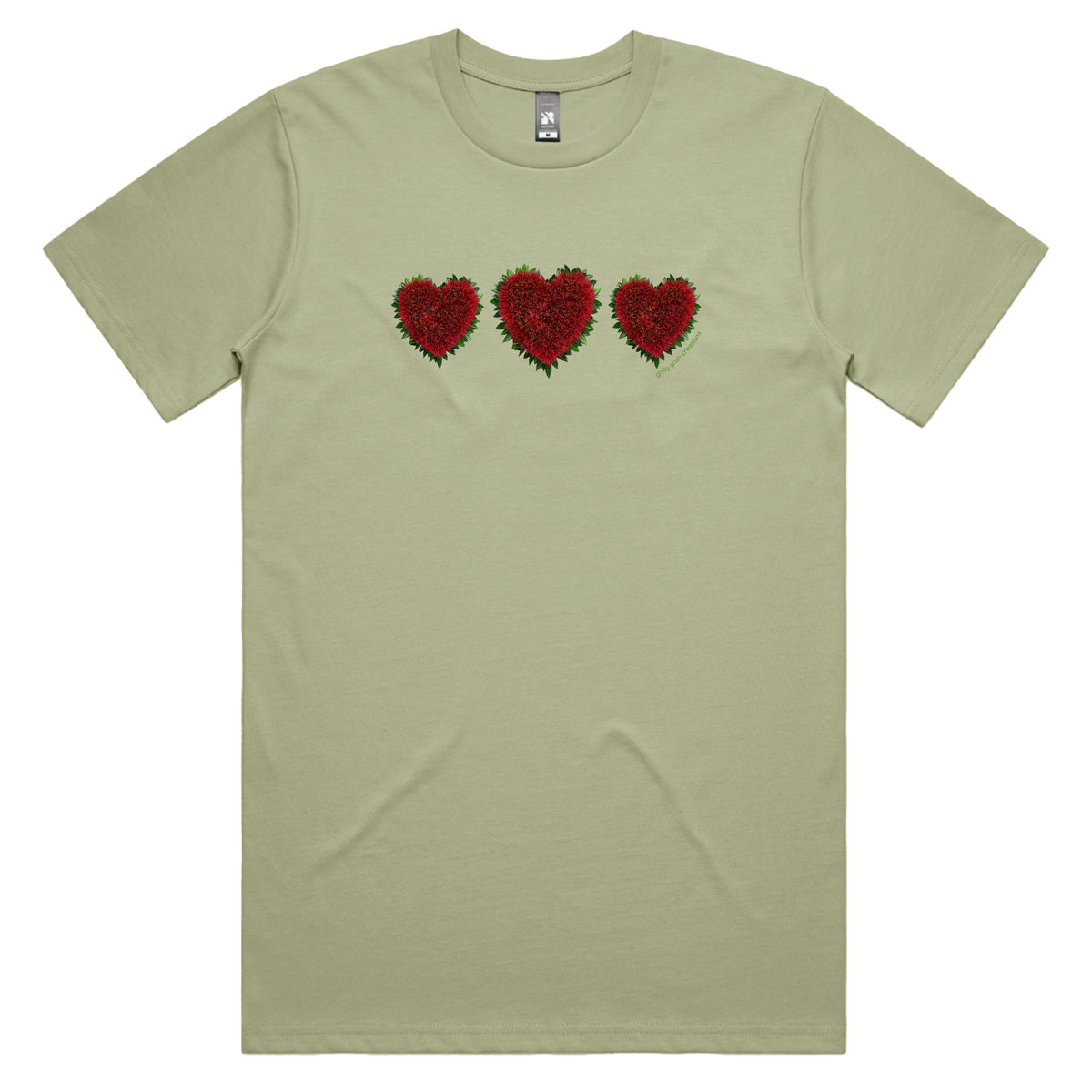 A pohutukawa hearts men's tee shirt from Golly Gosh Creations. Crafted from the iconic NZ tree. Sizes S - 5XL. A quality cotton pistachio coloured tee shirt.