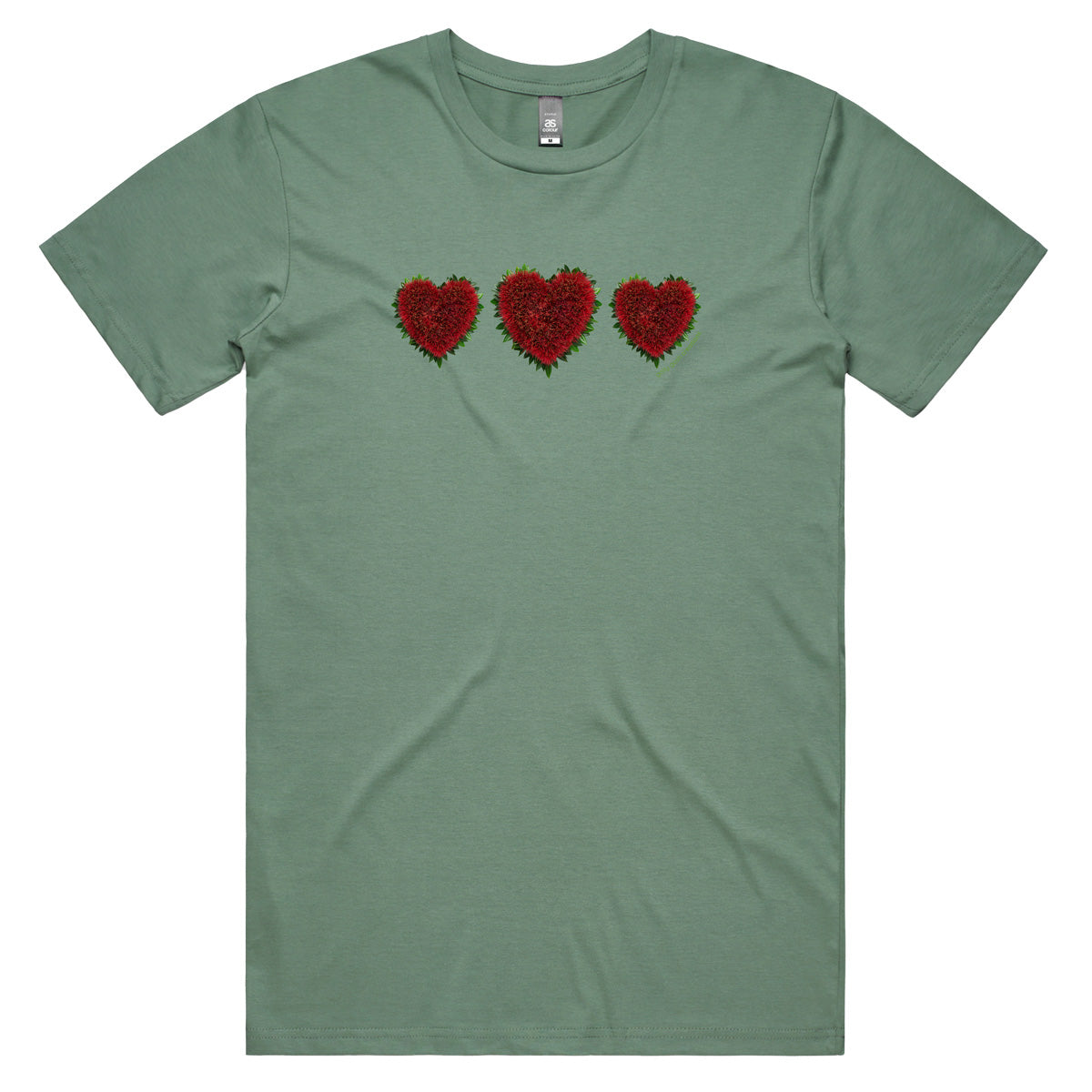A pohutukawa hearts men's tee shirt from Golly Gosh Creations. Crafted from the iconic NZ tree. Sizes S - 5XL. A quality cotton sage coloured tee shirt.