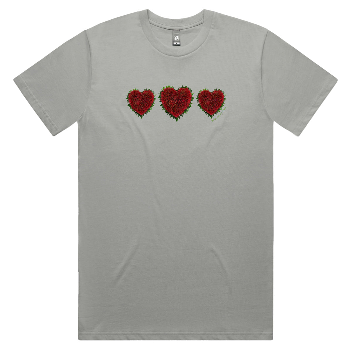 A pohutukawa hearts men's tee shirt from Golly Gosh Creations. Crafted from the iconic NZ tree. Sizes S - 5XL. A quality cotton grey tee shirt.