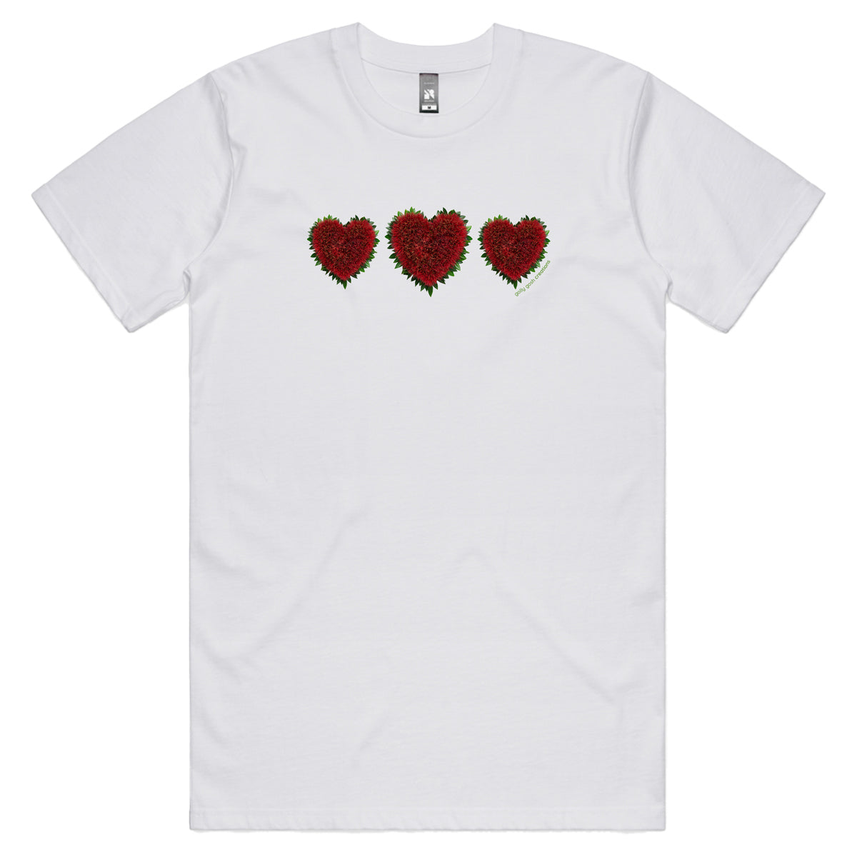 A pohutukawa hearts men's tee shirt from Golly Gosh Creations. Crafted from the iconic NZ tree. Sizes S - 5XL. A quality cotton white tee shirt.
