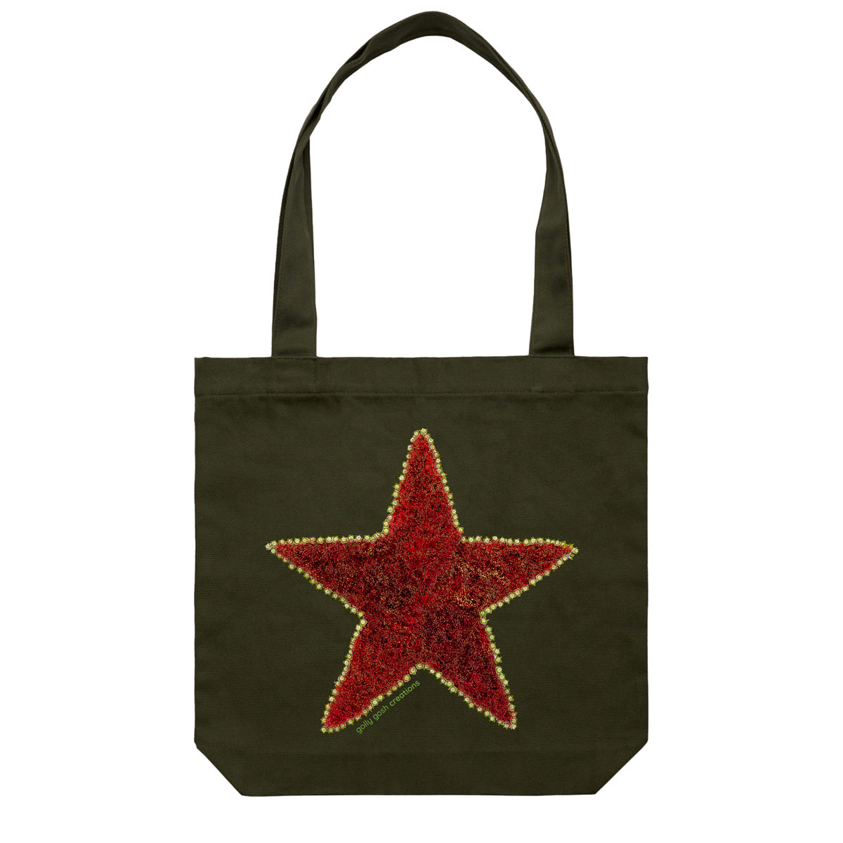 A pohutukawa star cotton canvas tote bag from Golly Gosh Creations.  Crafted from the iconic NZ tree buds. Colour dark green.