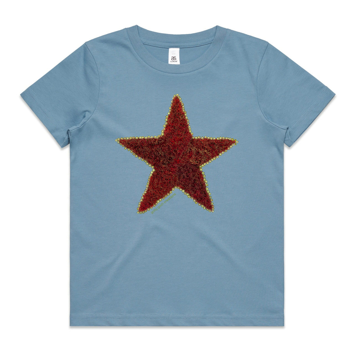 A pohutukawa star soft blue kids tee shirt by Golly Gosh Creations. Size 2 - 16 years. Created from the iconic NZ tree.  A quality cotton garment.