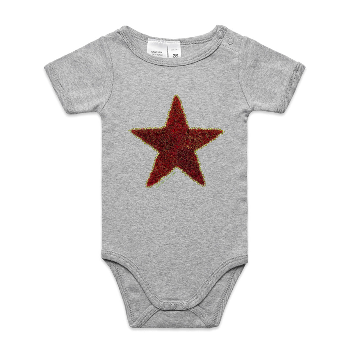 A pohutukawa star babygrow from Golly Gosh Creations. Crafted from the iconic NZ tree. A quality grey cotton garment available from 0 - 24 months. 