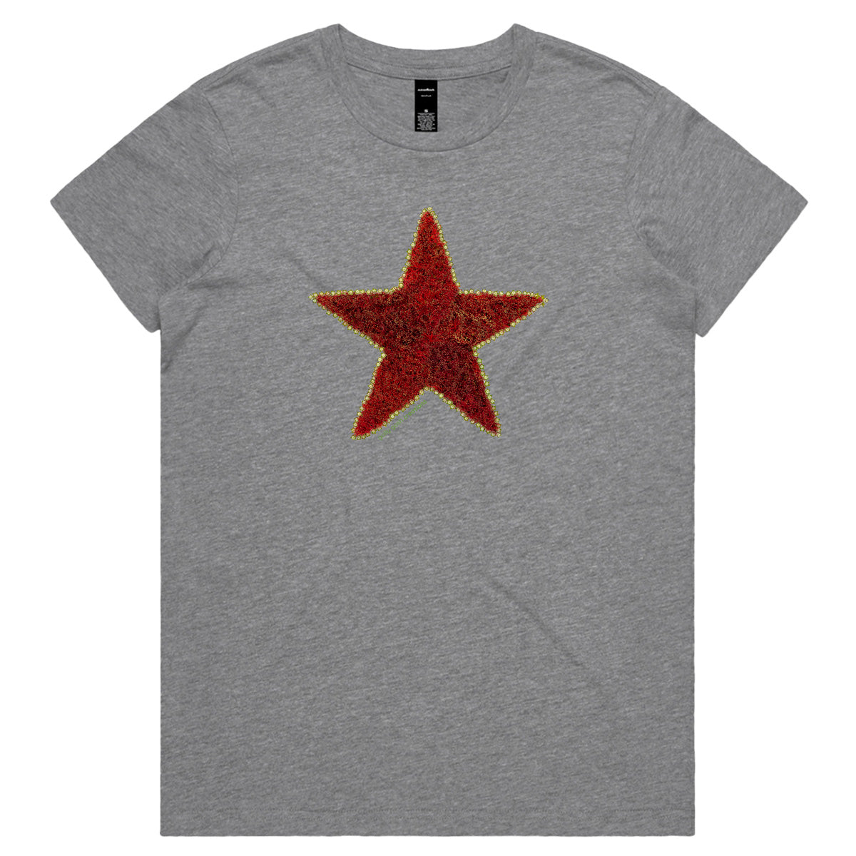 A pohutukawa star grey woman's tee shirt from Golly Gosh Creations. Crafted from the iconic NZ flowering tree. Sizes XS - 2XL. Quality cotton.