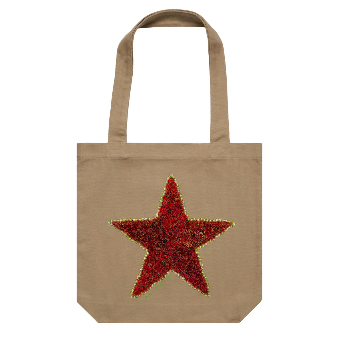 A pohutukawa star cotton canvas tote bag from Golly Gosh Creations.  Crafted from the iconic NZ tree buds. Colour khaki.