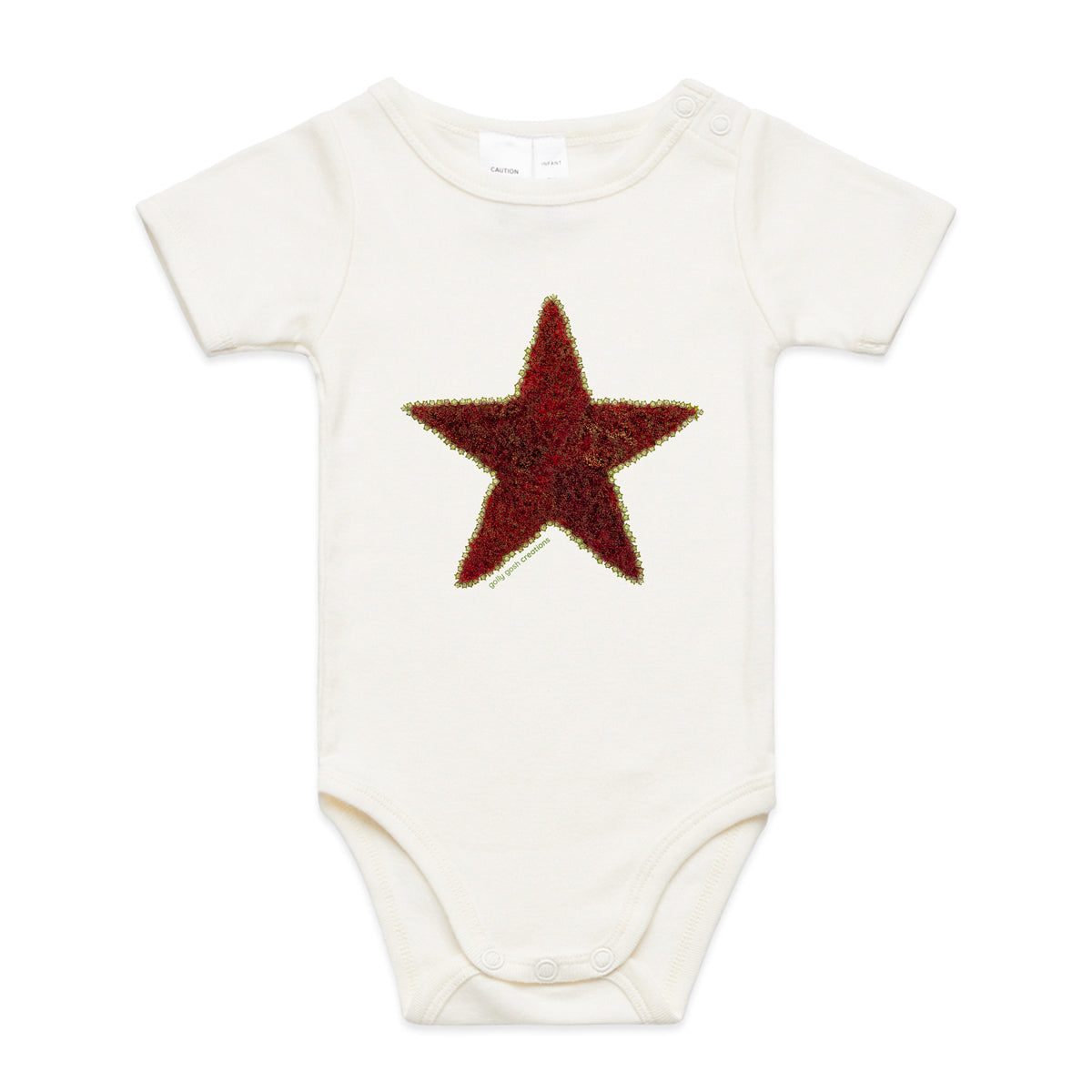 A pohutukawa star babygrow from Golly Gosh Creations. Crafted from the iconic NZ tree. A quality natural cotton garment available from 0 - 24 months. 