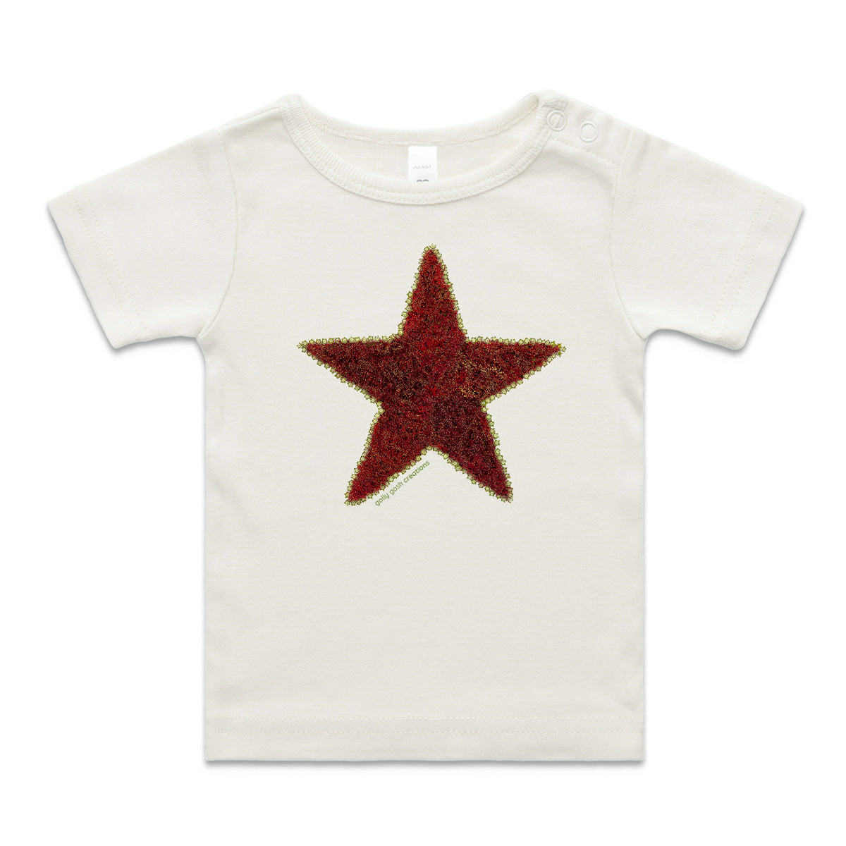 A pohutukawa tree wee tee from Golly Gosh Creations. Crafted from the iconic NZ flowering tree. A quality natural cotton garment available from 0 - 24 months.