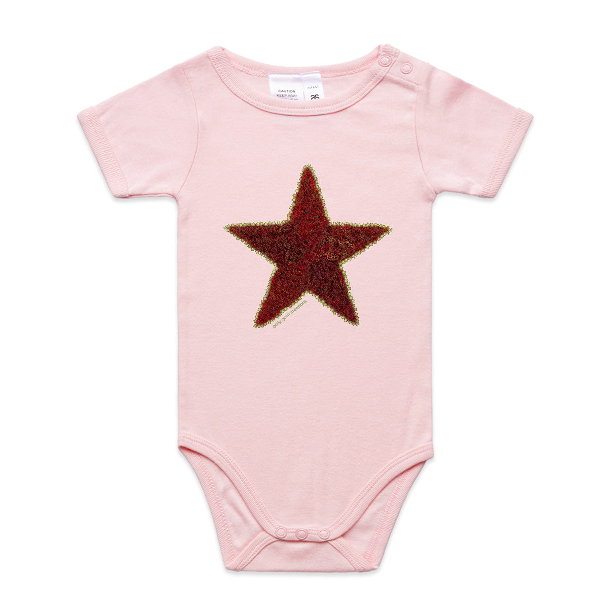 A pohutukawa star babygrow from Golly Gosh Creations. Crafted from the iconic NZ tree. A quality pink cotton garment available from 0 - 24 months. 