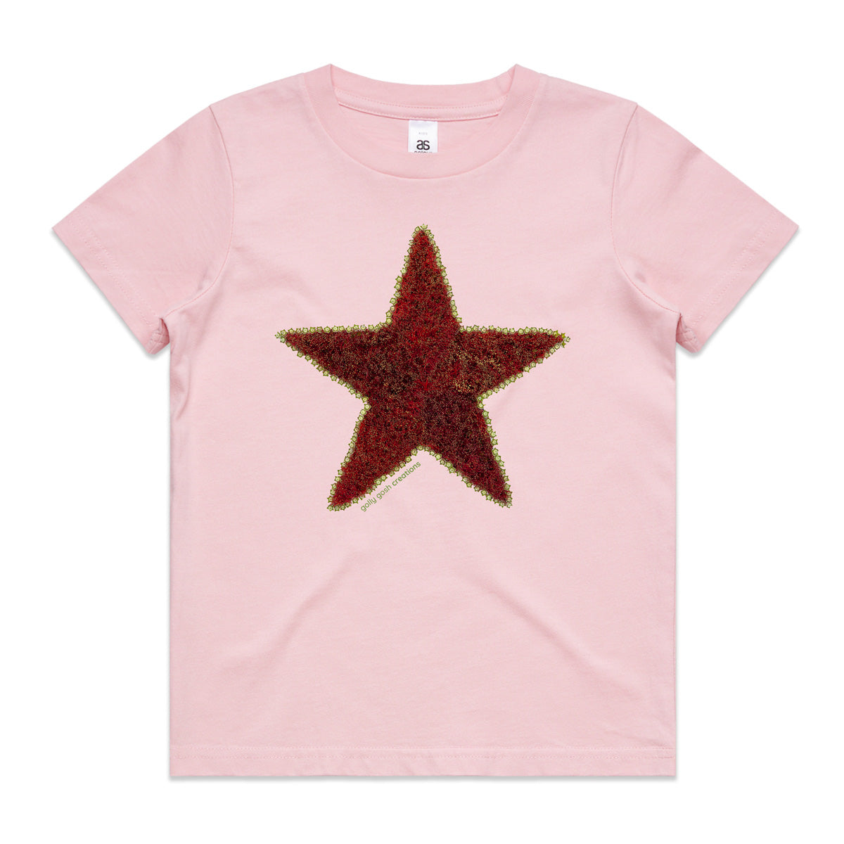 A pohutukawa star soft pink kids tee shirt by Golly Gosh Creations. Size 2 - 16 years. Created from the iconic NZ tree.  A quality cotton garment.