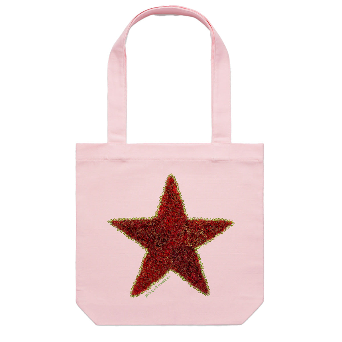 A pohutukawa star cotton canvas tote bag from Golly Gosh Creations.  Crafted from the iconic NZ tree buds. Colour pink.