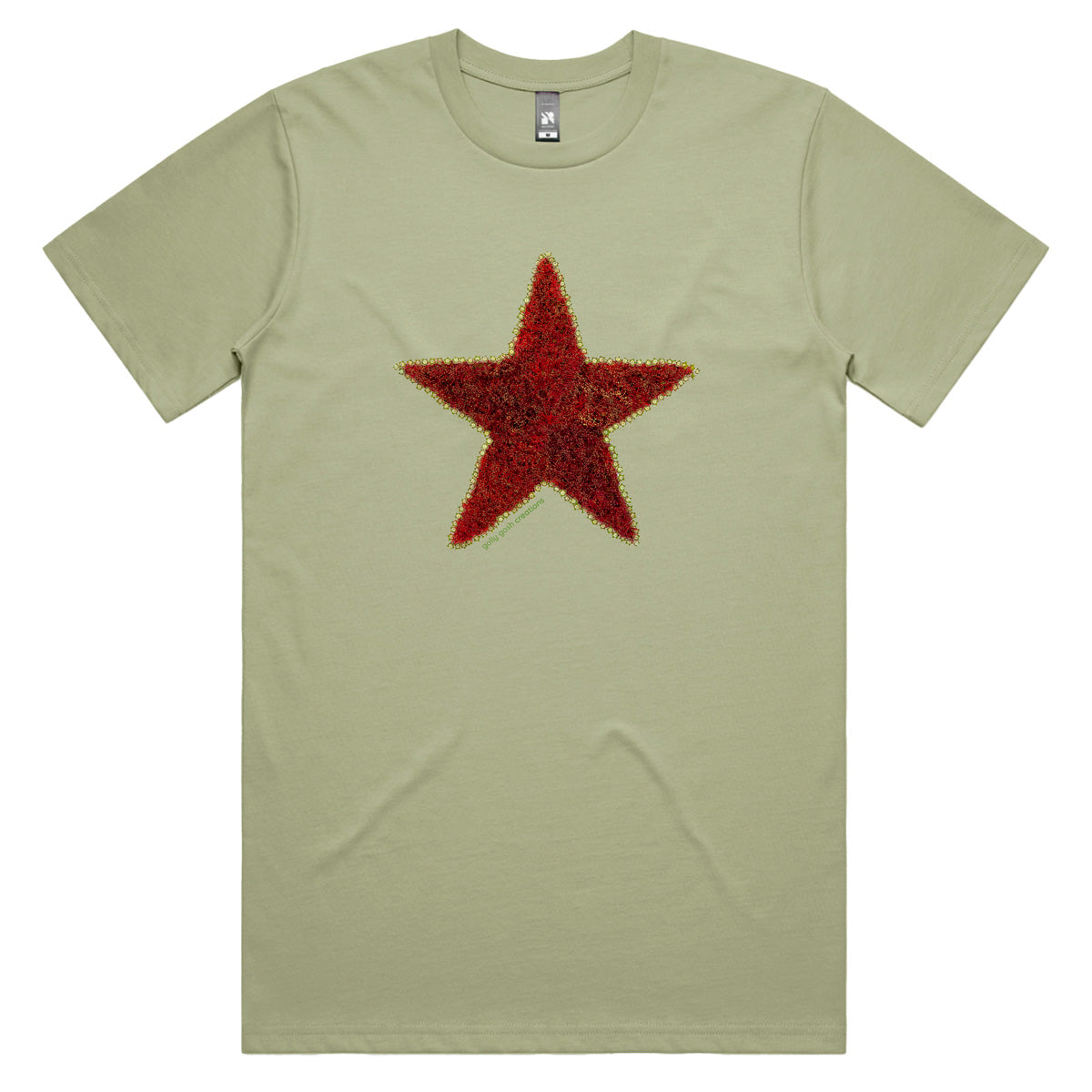 A pohutukawa star pistachio coloured men's tee shirt from Golly Gosh Creations. Crafted from the iconic NZ tree. Quality cotton Sizes S - 5XL.