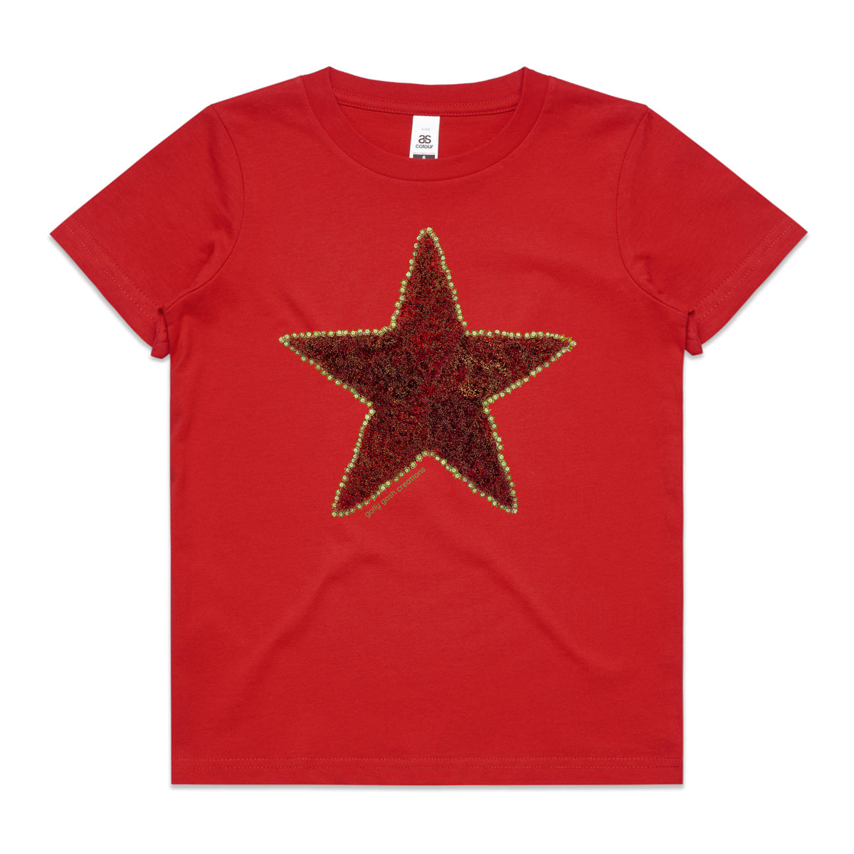 A pohutukawa star red kids tee shirt by Golly Gosh Creations. Size 2 - 16 years. Created from the iconic NZ tree.  A quality cotton garment.
