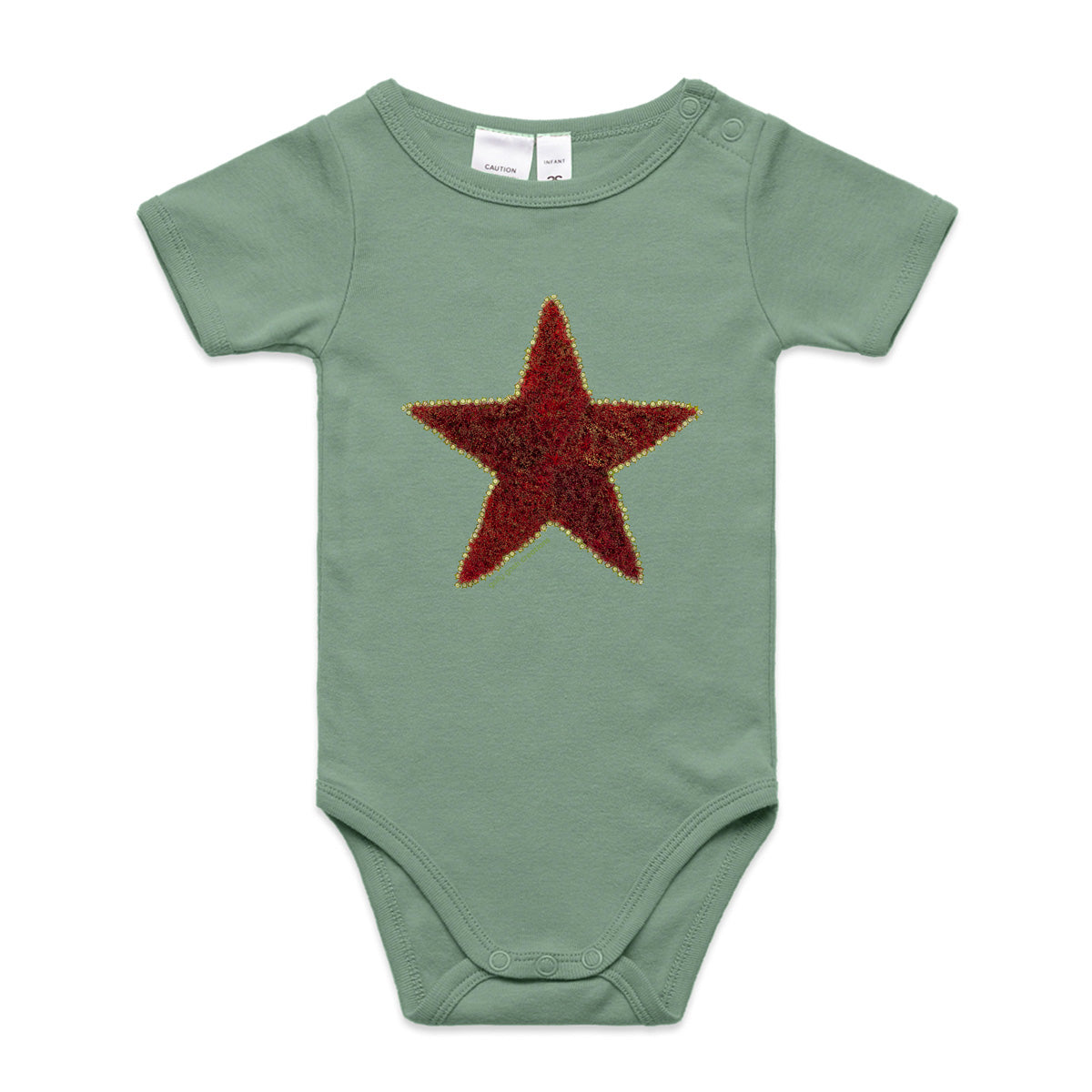 A pohutukawa star babygrow from Golly Gosh Creations. Crafted from the iconic NZ tree. A quality sage cotton garment available from 0 - 24 months. 