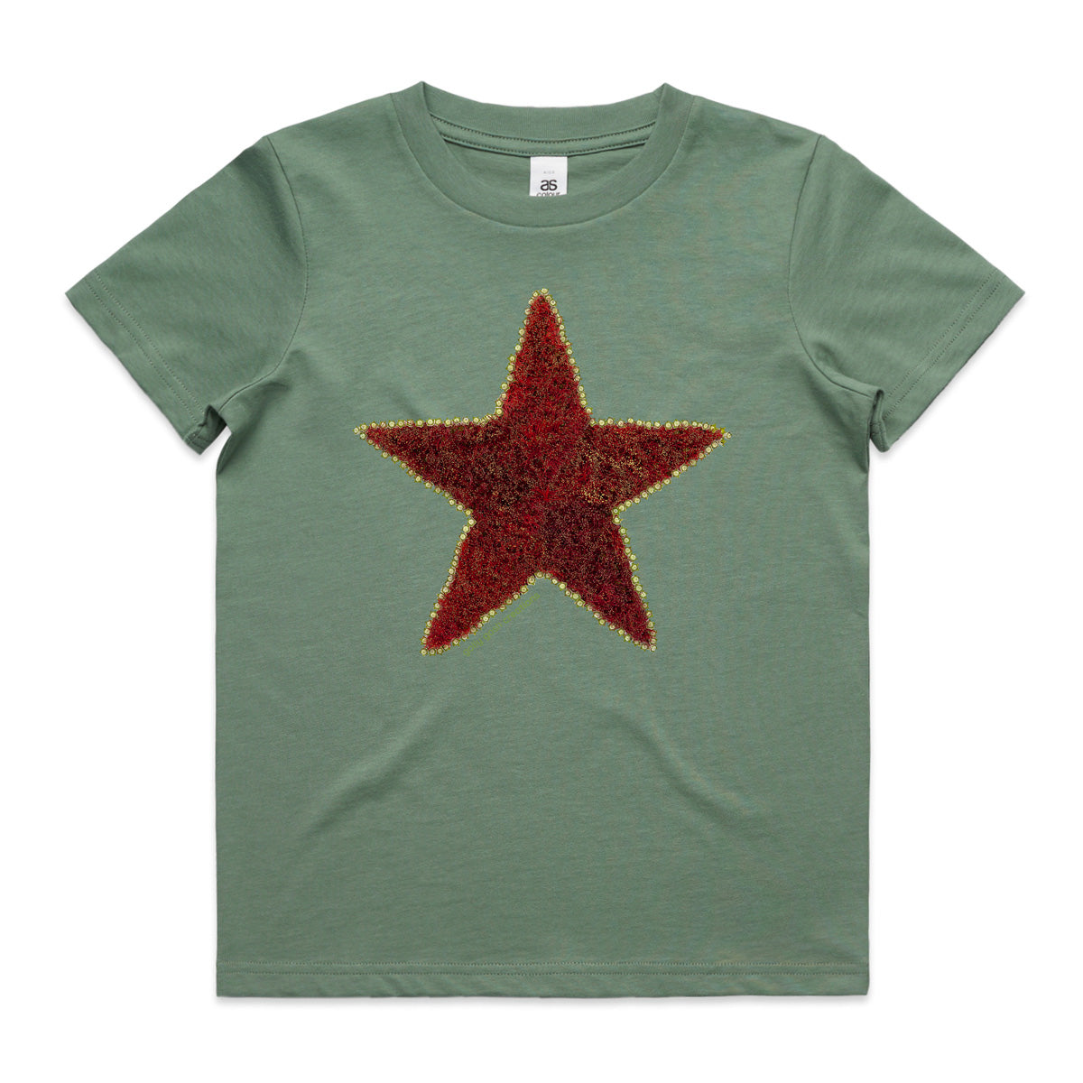 A pohutukawa star sage kids tee shirt by Golly Gosh Creations. Size 2 - 16 years. Created from the iconic NZ tree.  A quality cotton garment.