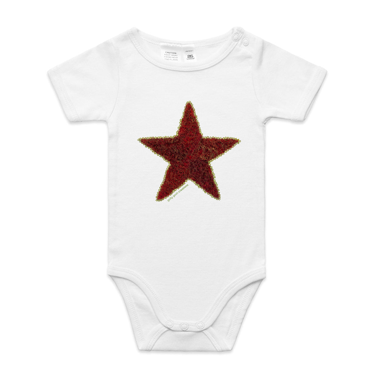 A pohutukawa star babygrow from Golly Gosh Creations. Crafted from the iconic NZ tree. A quality white cotton garment available from 0 - 24 months. 