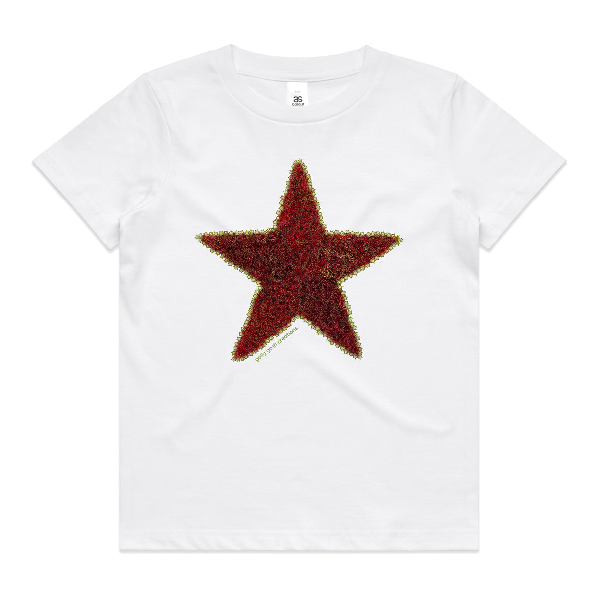 A pohutukawa star white kids tee shirt by Golly Gosh Creations. Size 2 - 16 years. Created from the iconic NZ tree.  A quality cotton garment.