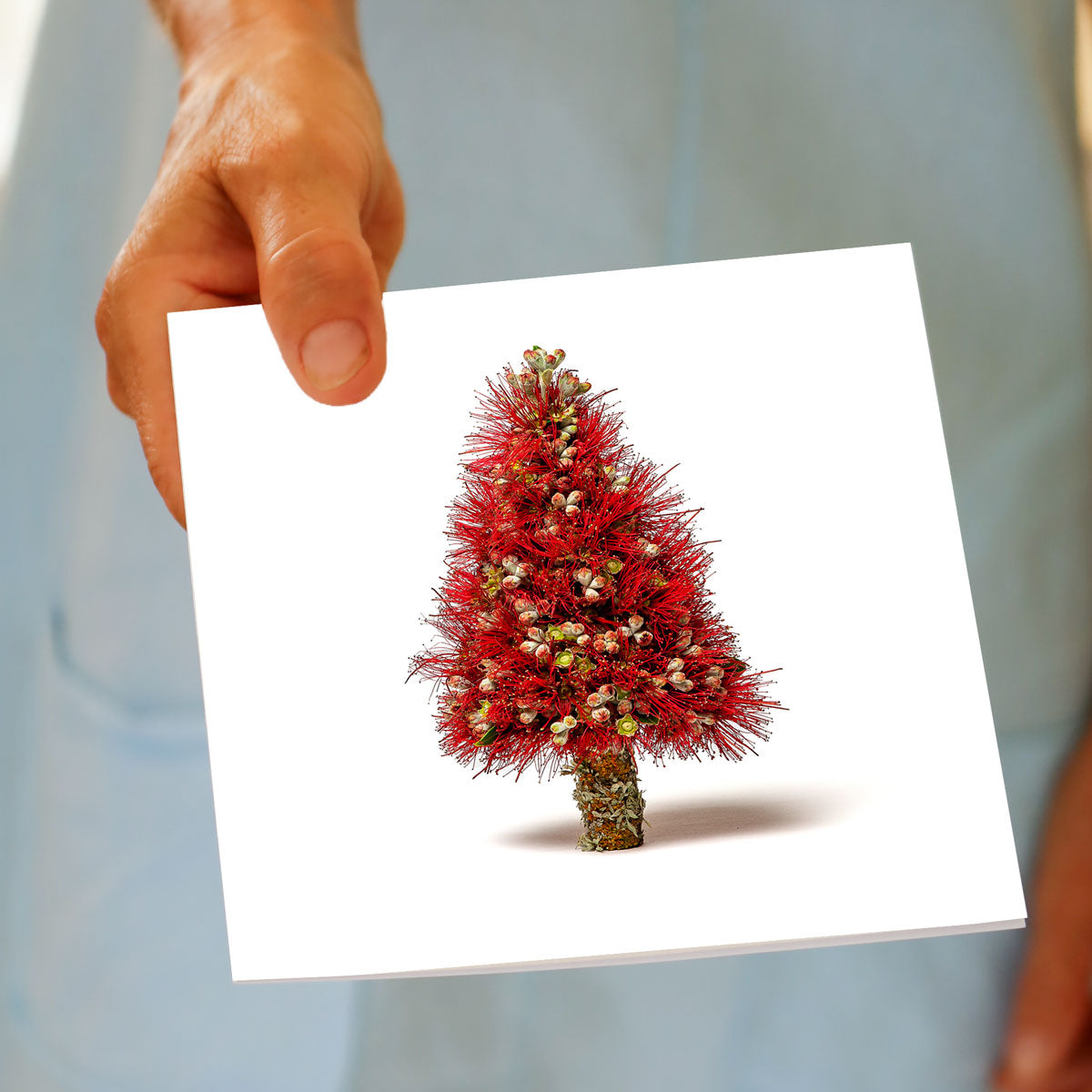 A hand holds the Christmas Pohutukawa Tree greeting card, featuring pohutukawa flowers and buds shaped into a full tree with a mossy trunk, made by Golly Gosh Creations.