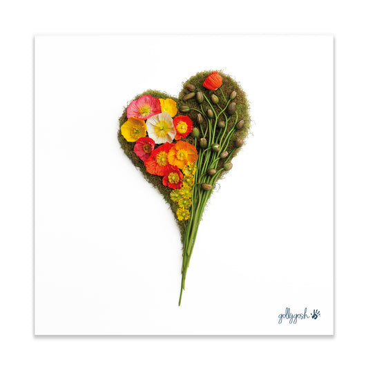 A poppy heart fine art print from Golly Gosh Creations. Crafted from colourful wild blooms.  Printed on quality white art paper. Three sizes available.