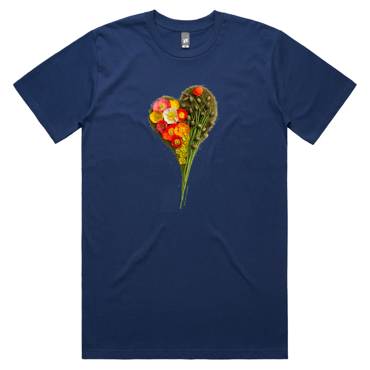 A poppy heart dark blue men's tee shirt from Golly Gosh Creations. Crafted from colourful wild flowers. Sizes S - 5XL. Quality cotton. 