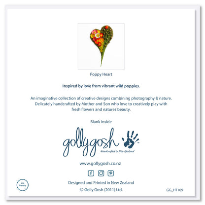 Back of a poppy heart greeting card from Golly Gosh Creations. Size 142 x 142mm. This handcrafted moss heart  is adorned with vibrant wild poppies and buds.