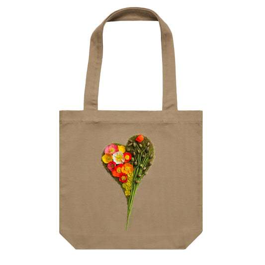 A poppy heart cotton canvas tote bag from Golly Gosh Creations. Handcrafted from vibrant fresh flowers. Colour khaki.