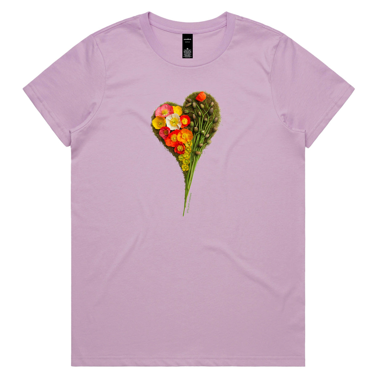 A poppy heart lavender coloured woman's tee shirt from Golly Gosh Creations. Handcrafted from vibrant fresh flowers. Sizes XS - 2XL. Quality cotton.